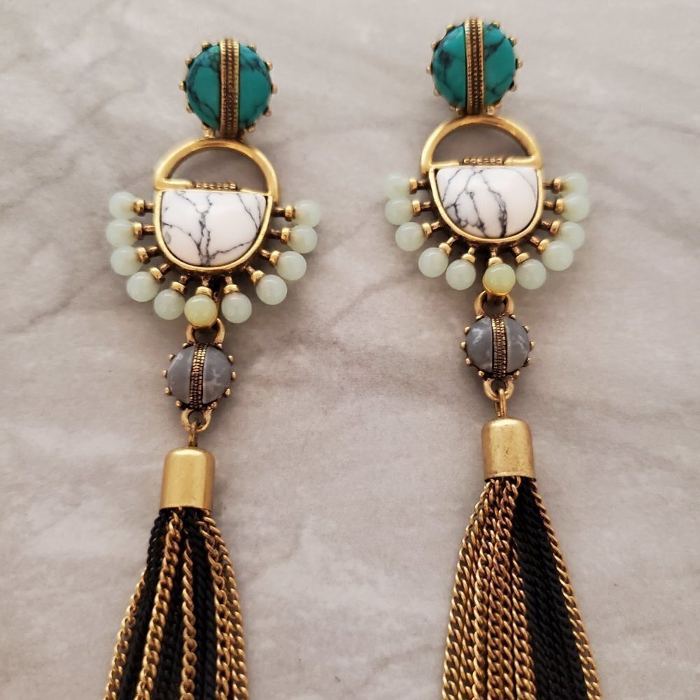 ✨ Stella and Dot Turquoise Marble Chain Tassel Totem Statement Earrings ✨ - Picture 4 of 11